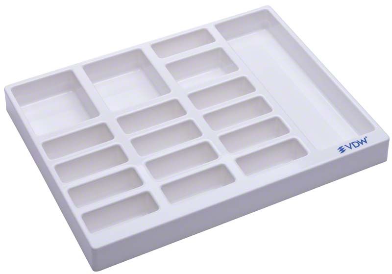 Multifunktionaler VDW.Flo Endo Organizer mit verschiedenen Fächern zur Instrumentenaufbewahrung.