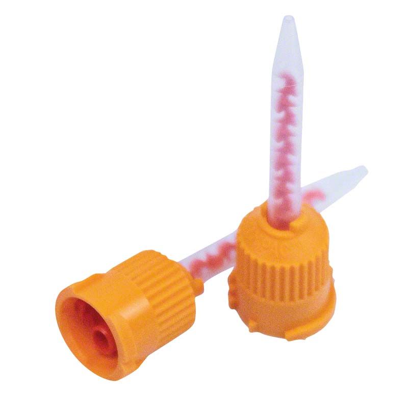 Orange Mischspitzen für Dentalanwendungen mit spiralförmigem Mischelement.