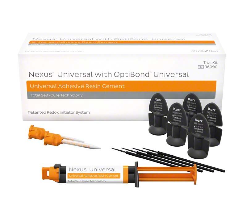 Nexus™ Universal Einführungspack mit Kleber und Applikationszubehör auf weißem Hintergrund.