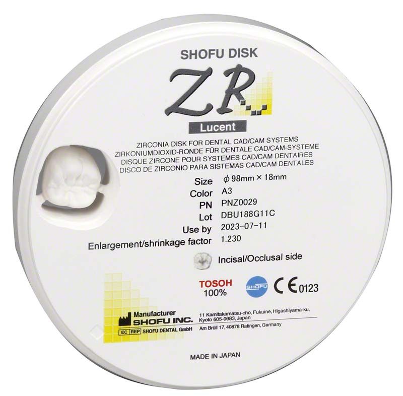SHOFU Disk ZR Lucent 18mm A3,5 für dentale CAD/CAM-Systeme.