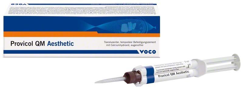 Provicol QM Aesthetic Zementspritze und Verpackung mit Produktinformationen.
