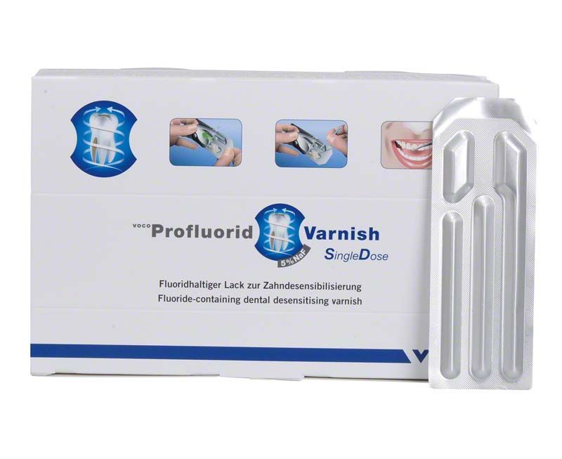 VOCO Profluorid® Varnish SingleDose Packung mit Einzelverpackung in Cola Lime.