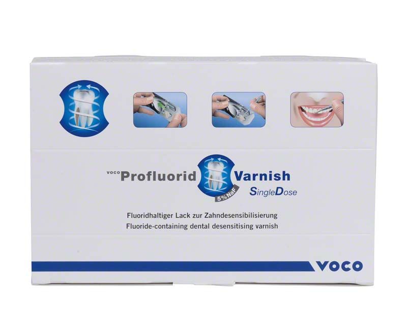 VOCO Profluorid® Varnish SingleDose Verpackung mit Anwendungsbildern und Produktinformationen.