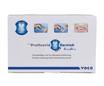 VOCO Profluorid® Varnish SingleDose Verpackung mit Anwendungsbildern und Produktinformationen.