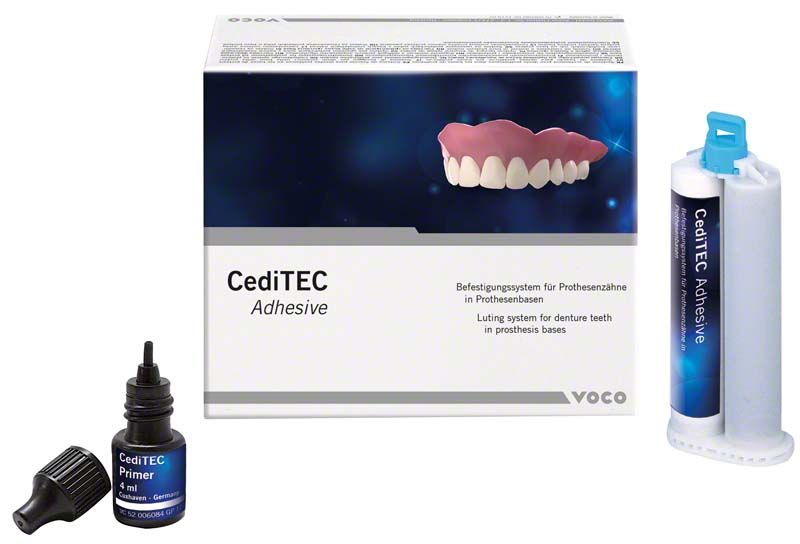 Verpackung von CediTEC Befestigungssystem für Prothesenzähne mit Flasche und Kartusche.
