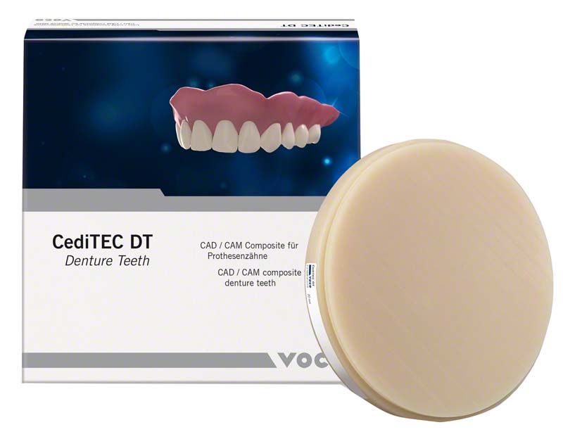 CediTEC DT Disc 20mm A1 für CAD/CAM Prothesenzähne vor Verpackung.