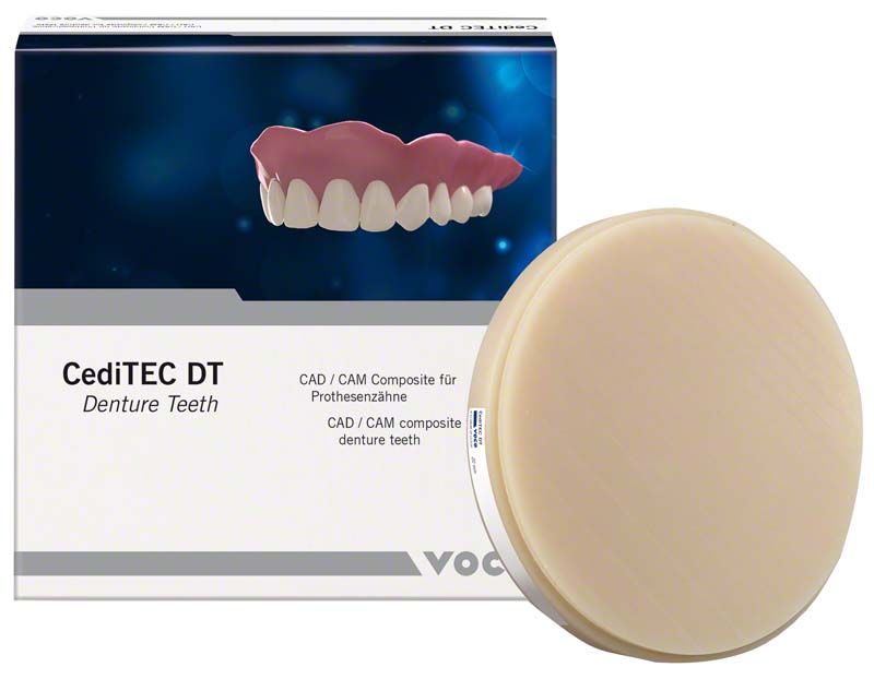 CediTEC DT Disc 20mm A2 vor Verpackung mit Prothesenzähnen.