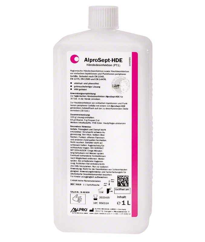 AlproSept-HDE Händedesinfektionsmittel Flasche 1 Liter mit Etikettendetails.