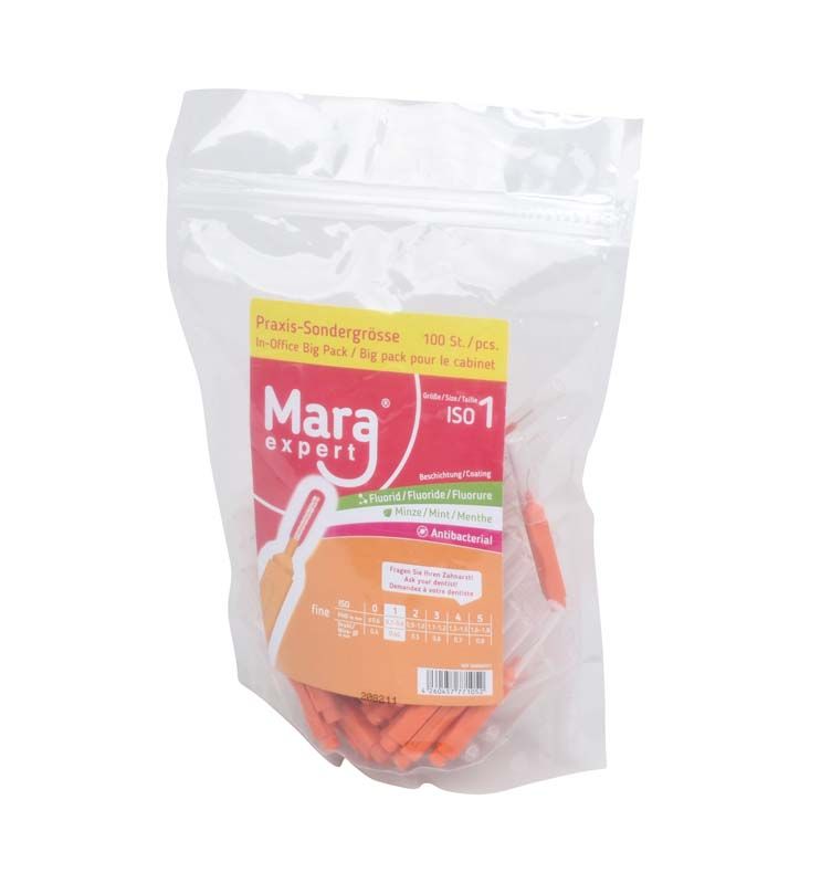Mara Expert Premium Line Zip orange Interdentalbürsten in Kunststoffverpackung mit Etikett.