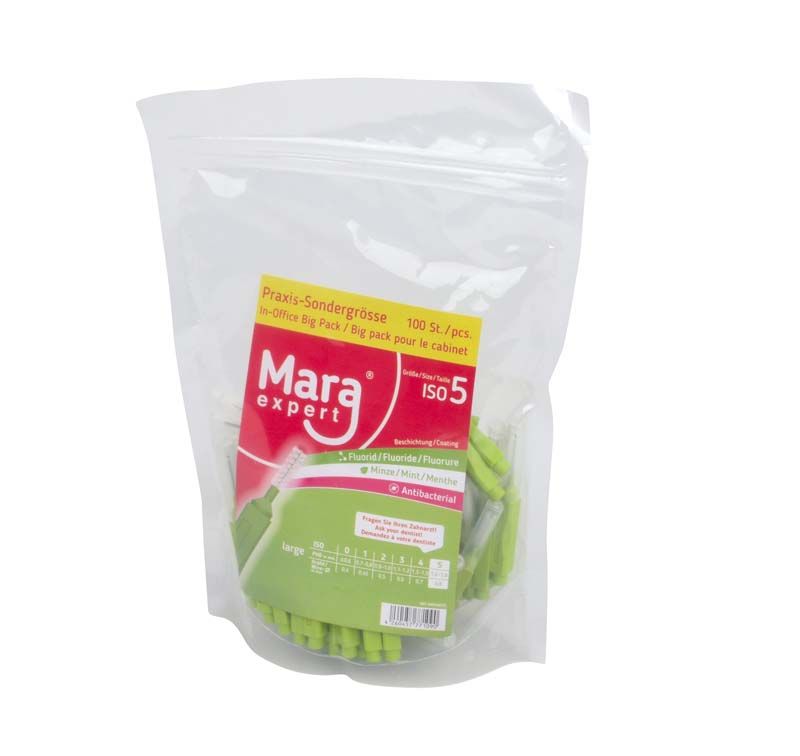 Verpackung der Mara Expert Premium Line Interdentalbürsten, grün, extra breit, 100 Stück.
