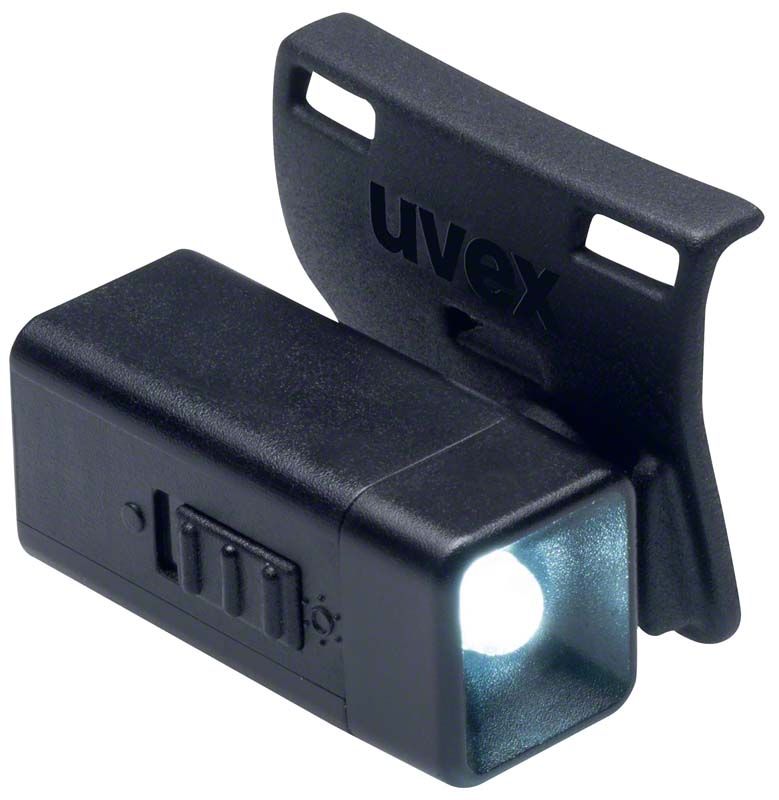 Schwarze iSpec® Lux Mini-LED Ersatzlampe mit Halterung und Batterien.