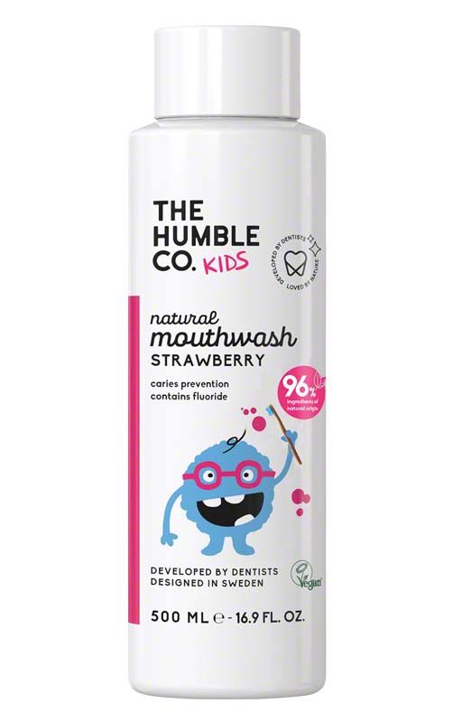 Weiße Flasche Humble Mundspülung für Kinder, Erdbeere, mit Cartoon-Motiv.