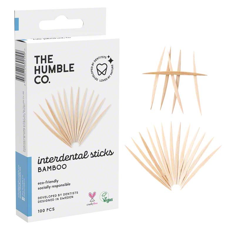 Humble Bambus Zahnstocher in weißer Verpackung mit Produktinformationen.