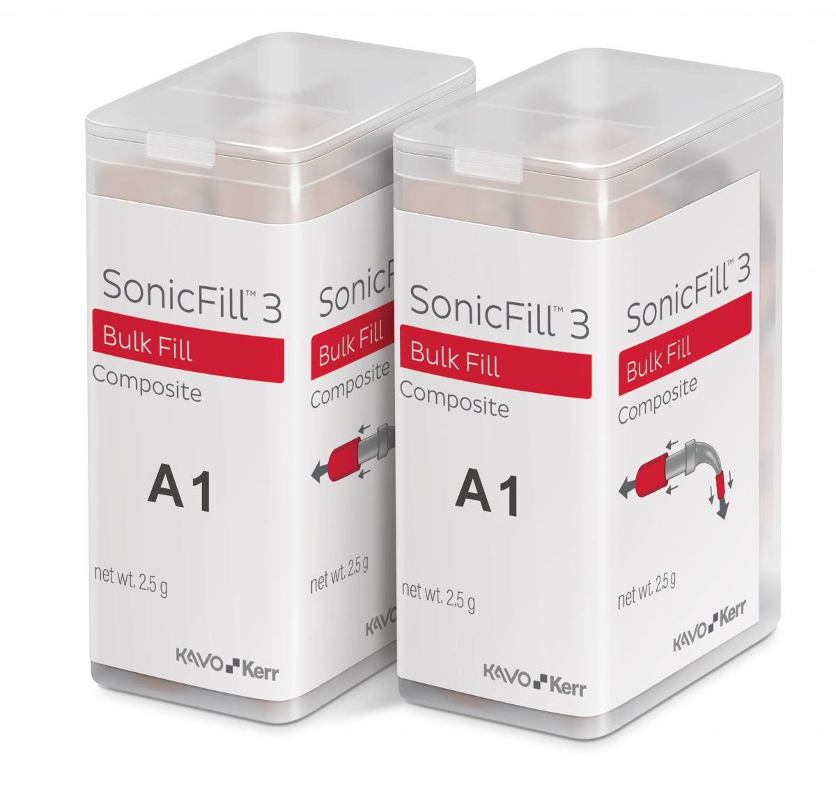 Zwei SonicFill™3 Komposit A1 Nachfüllbehälter mit roten Etiketten.