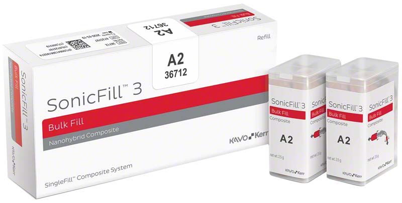 SonicFill™3 Komposit A2 Verpackung mit zwei Nachfüllbehältern und Produktinformationen.