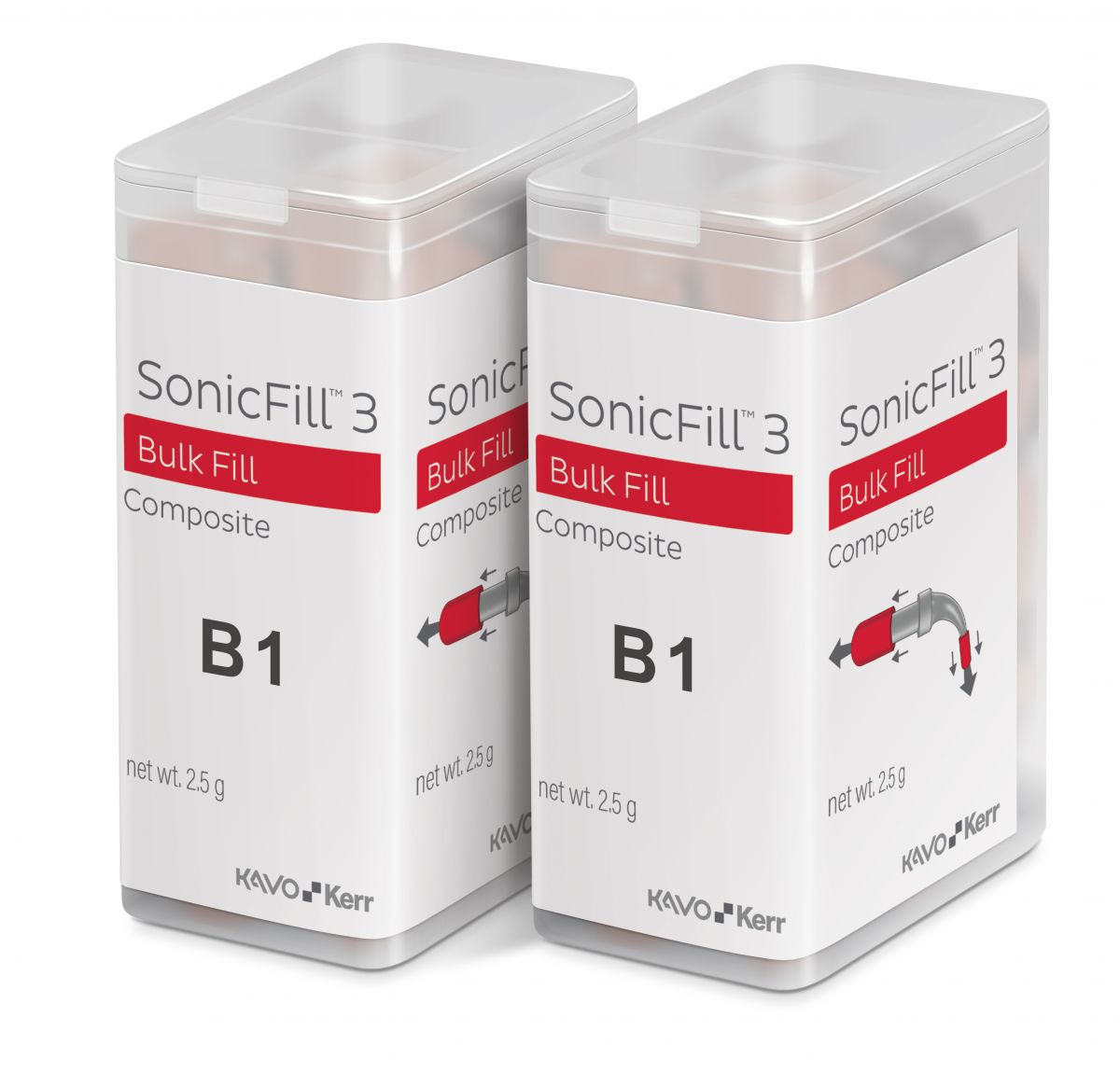 Zwei SonicFill™3 Bulk Fill Komposit B1 Kartuschen im transparenten Behälter.