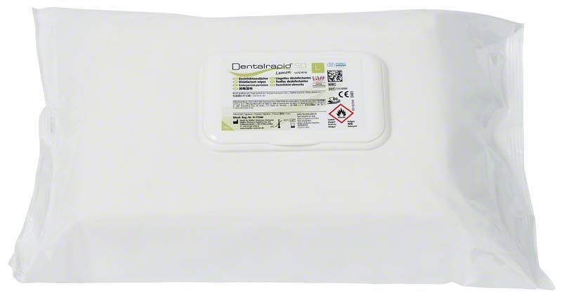 Dentalrapid® SD wipes L Lemon Flowpack Packung mit Etikett und Warnhinweisen.