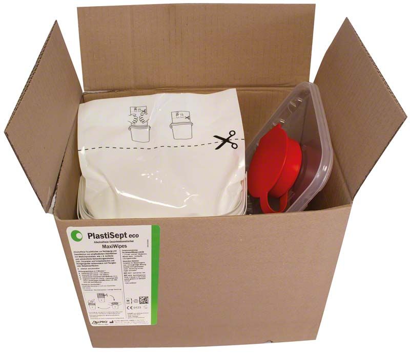 PlastiSept eco MaxiWipes Starter Set in geöffneter Verpackung mit Anwendungsanleitung.
