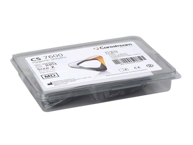 CS7600 Hygieneschutzhüllen Gr. 2 in transparenter Verpackung mit Etikett.