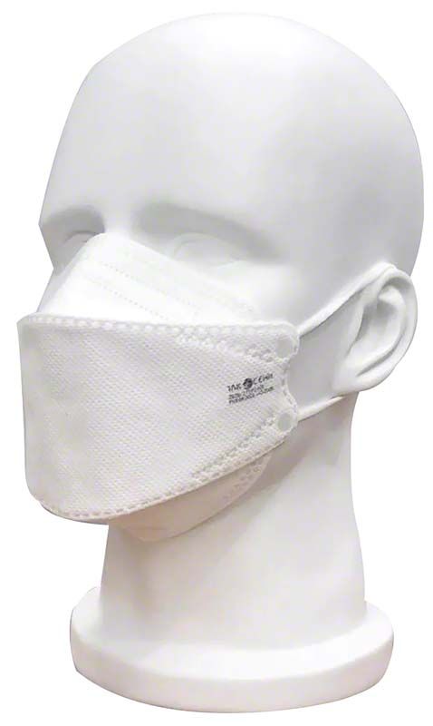 Miramask® FFP2 Maske auf weißem Modellkopf, seitliche Ansicht.