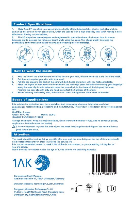 Rückseite der Miramask® FFP2-Verpackung mit Gebrauchsanweisung und Herstellerinformationen.