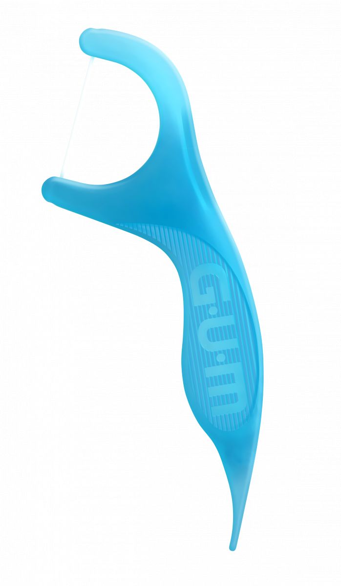 GUM EASY-FLOSSER Zahnseidestick mit blauem Griff und gespanntem Faden.