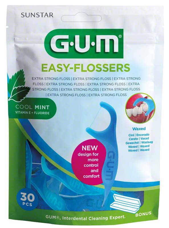 GUM EASY-FLOSSERS Verpackung mit blauem Zahnseidestick und Minzgeschmack.