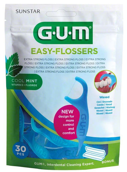 GUM EASY-FLOSSERS Verpackung mit blauem Zahnseidestick und Minzgeschmack.