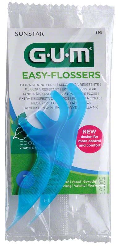 GUM® EASY-FLOSSERS Zahnseidesticks mit blauem Griff und Verpackung.