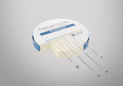 Cercon® ht ML Disk 18 C4 mit Farbschichten und Dentsply Sirona Logo.