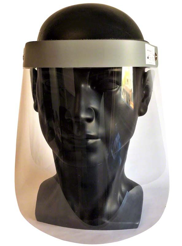 Gesichtsschutzvisier Modell 01 PMMA auf schwarzem Kopfmodell展示