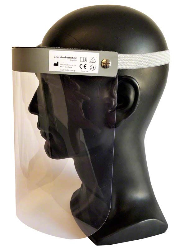 Gesichtsschutzvisier Modell 01 PMMA an schwarzem Kopfmodell seitliche Ansicht.