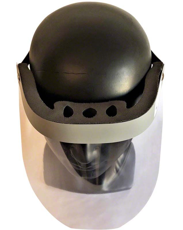 Gesichtsschutzvisier Modell 01 PMMA in Frontansicht auf schwarzem Kopfmodell.