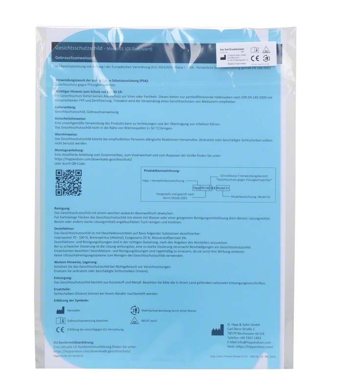 PMMA Ersatzvisiere für Gesichtsschutz Model 01 in Verpackung.