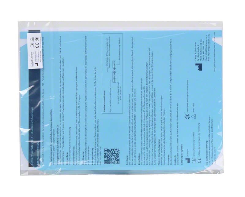 Hinterseite der Verpackung von PMMA Ersatzvisiere mit Gebrauchsanweisung.