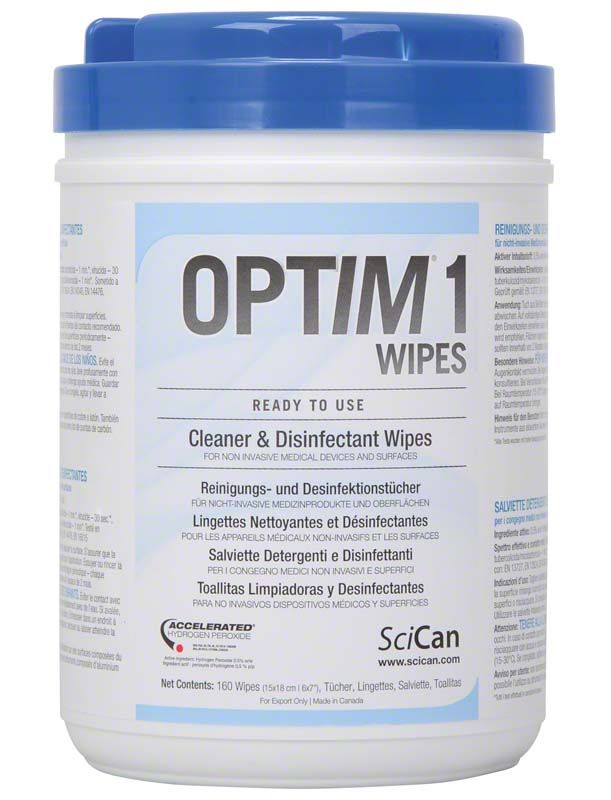 SciCan OPTIM 1 Wipes Dose mit blauer Beschriftung und Produktinformationen.