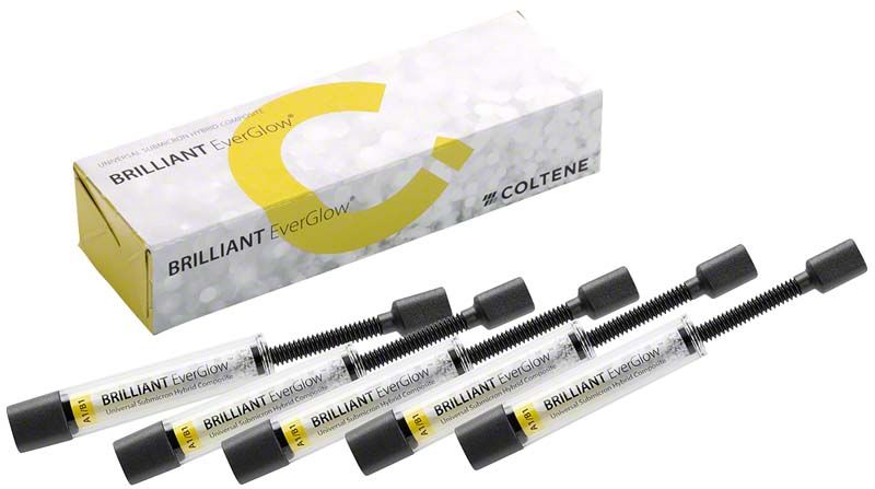 Produktverpackung mit fünf BRILLIANT EverGlow™ Spritzen A1/B1 von COLTENE.