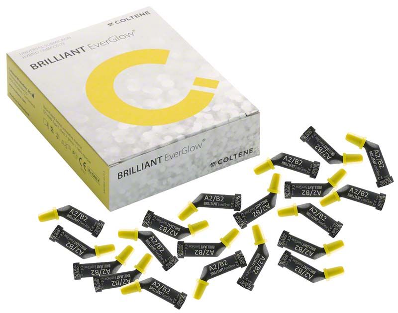 BRILLIANT EverGlow™ Eco Pack Tips A2/B2 mit gelben Applikationsspitzen und Verpackung.