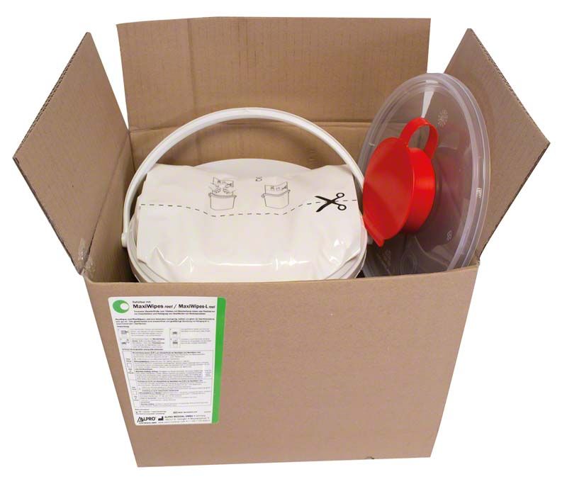 MaxiWipes Rolle in geöffneter Versandverpackung mit Anweisungen und Zubehör.