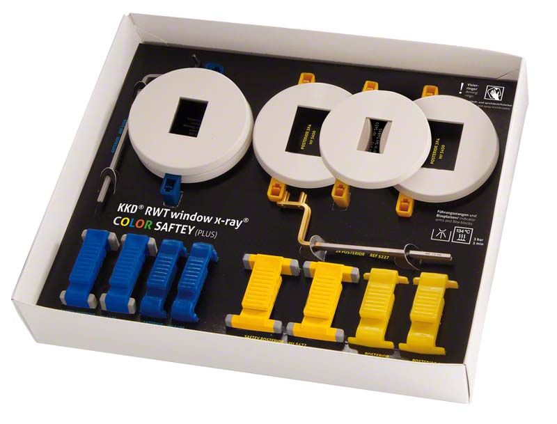 Erweitertes Röntgenhaltersortiment mit farbigen Elementen für die Dentalradiologie.