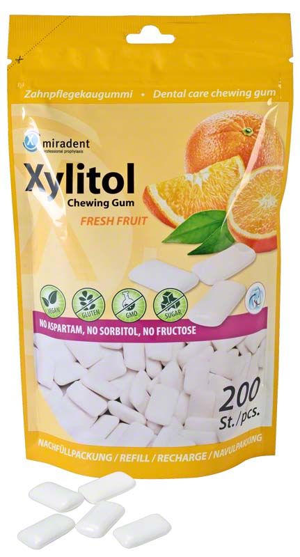 Nachfüllpackung Xylitol-Kaugummi Fresh Fruit mit 200 Stück und Fruchtgrafik.