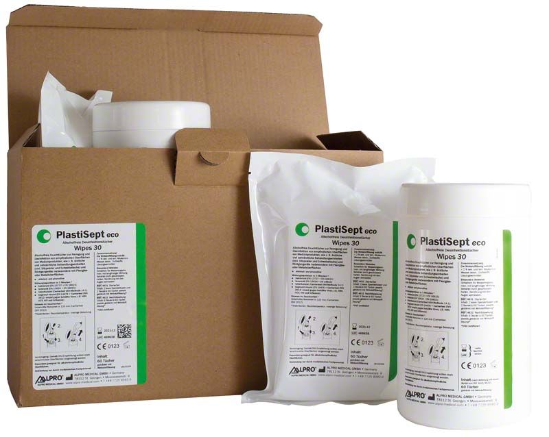 PlastiSept eco Wipes 30 Starter Set mit Verpackung und Desinfektionstüchern.
