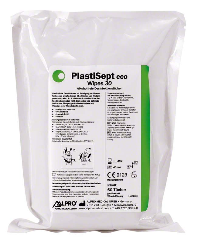 PlastiSept eco Wipes 30 Nachfüllbeutel für alkoholfreie Oberflächendesinfektion.