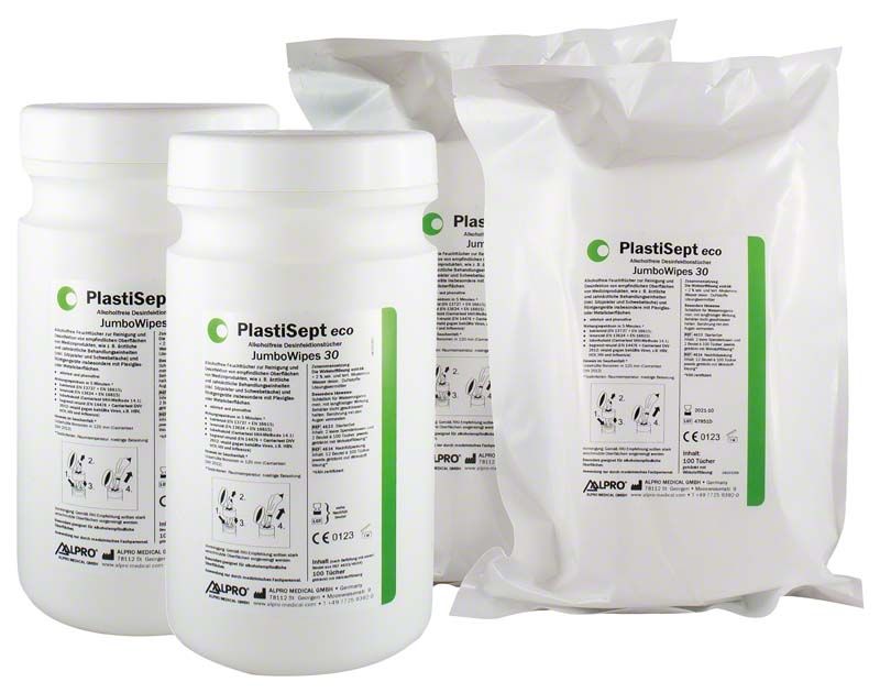 PlastiSept eco JumboWipes 30 Starter Set mit Verpackung und Anleitung.