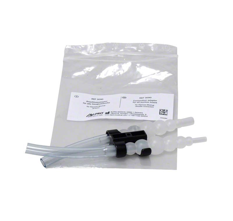 Anschlussadapter für AlproJet Mix Cups mit transparenten Schläuchen.