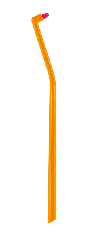 Orange CURAPROX sensitive CS 1006 Single Zahnbürste mit pinkem Bürstenkopf.