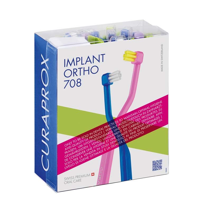 CURAPROX Implant Ortho 708 Zahnbürsten in bunter Verpackung.