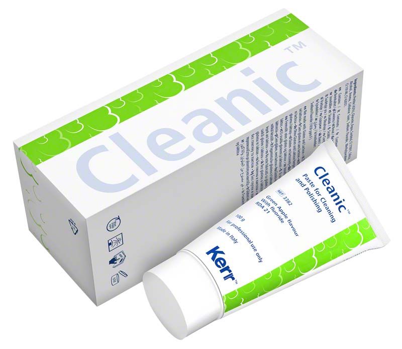 Cleanic™ Prophy-Paste mit Fluorid Tube und Verpackung im grünen Apfeldesign.