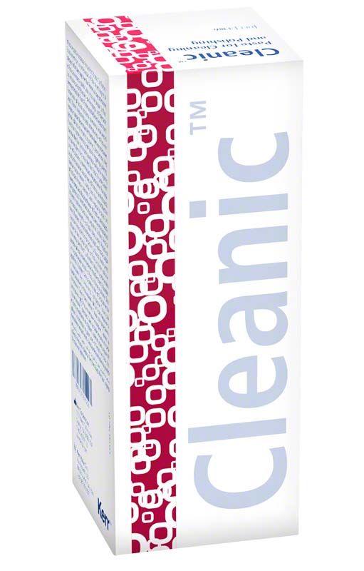 Cleanic™ Prophy-Paste mit Fluorid Tube Berry Burst Verpackung mit rotem Muster und Logo.