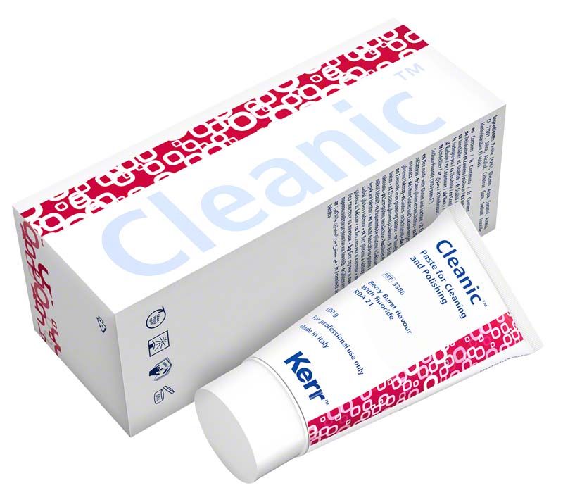 Cleanic™ Prophy-Paste Tube Berry Burst neben Verpackung mit rotem Muster.